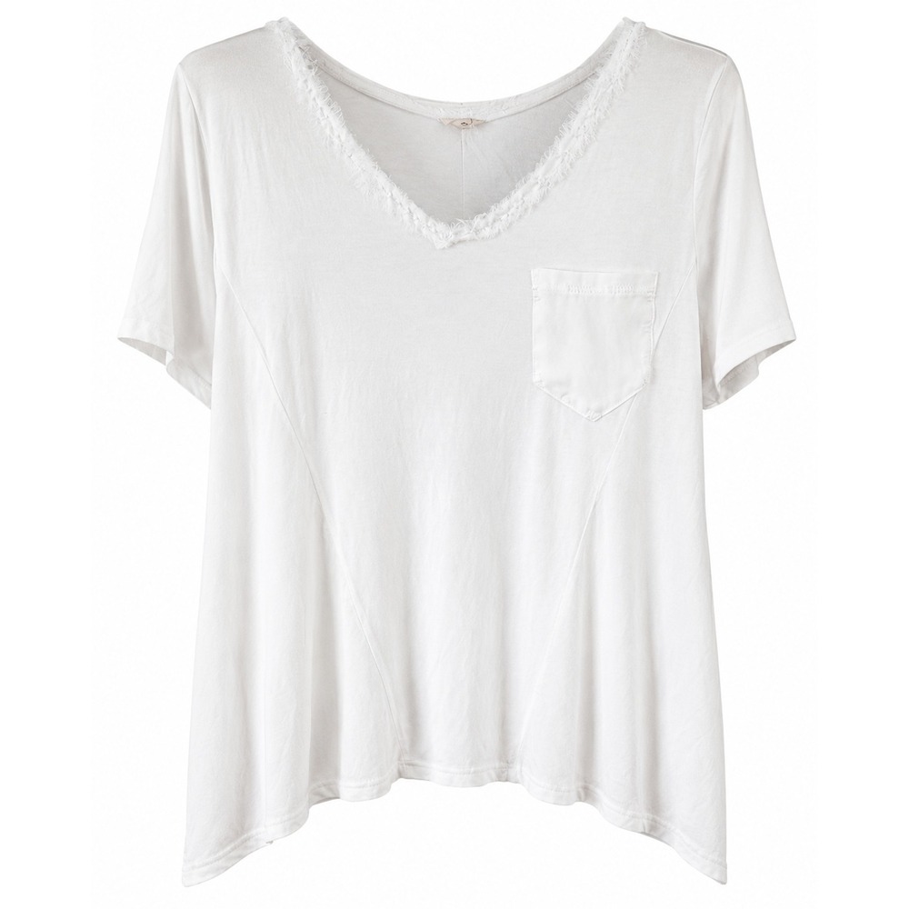 POL Womens White Frayed V-Neck Pocket Tee Relaxed Flowy Knit Top SMT149 Small